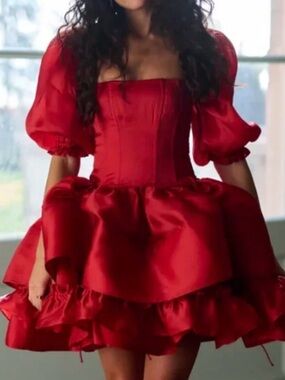 Selkie Red Satin Puff-Sleeve Mini Dress